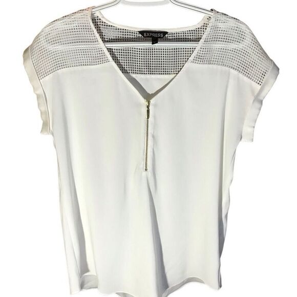 Express size Medium Top short sleeve Blouse cream zipper detail casual career - Picture 1 of 4
